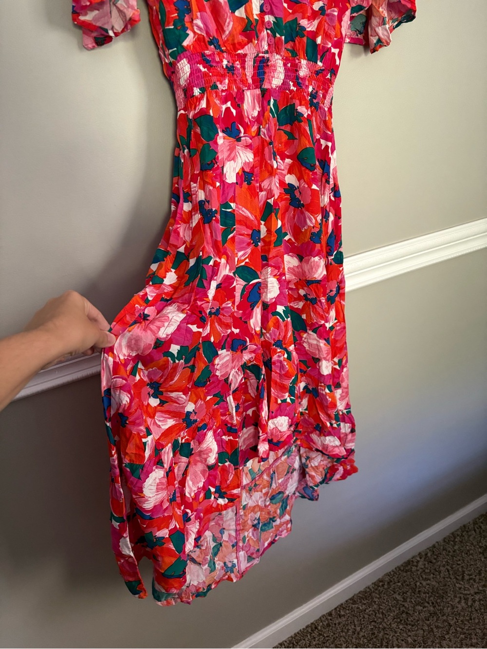 Abel the Label Pink Floral High Low Midi Dress L Flutter Sleeve Smocked Waist - Picture 7 of 9